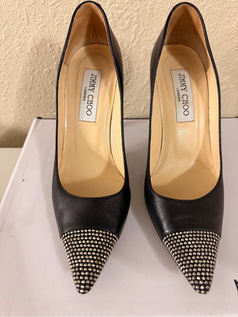 Jimmy Choo Black Leather Pointed-Toe Studded Pumps